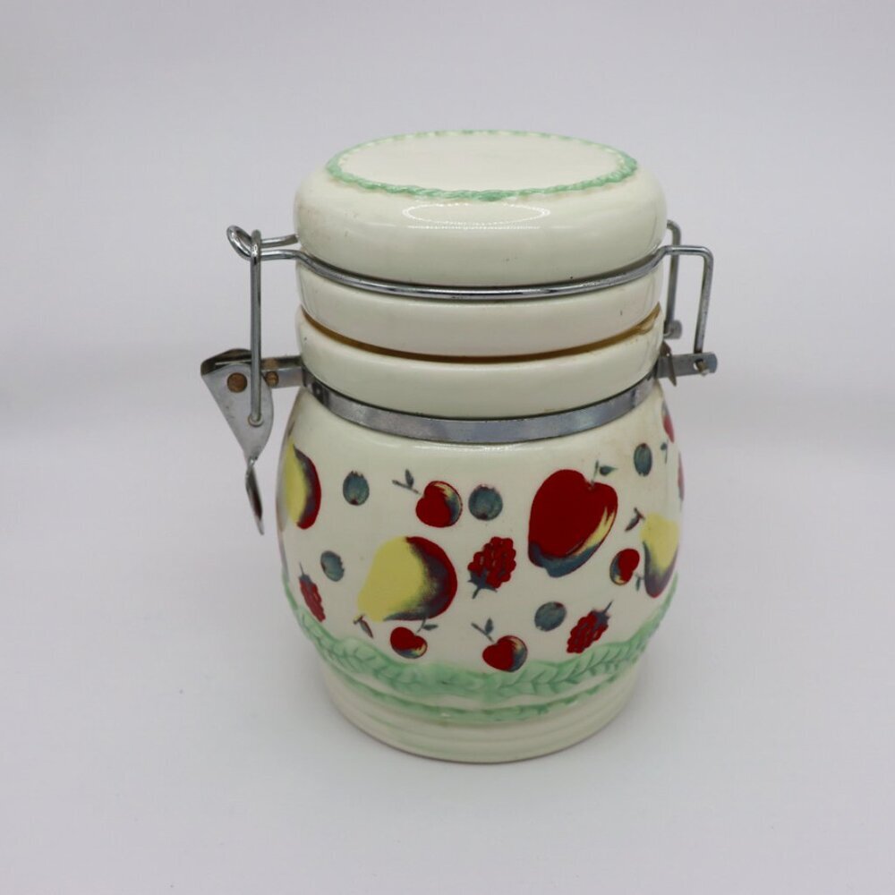 Vintage MSRF Inc. Cream Ceramic Fruit Canister Jar with Hinged Lid sealing  jar